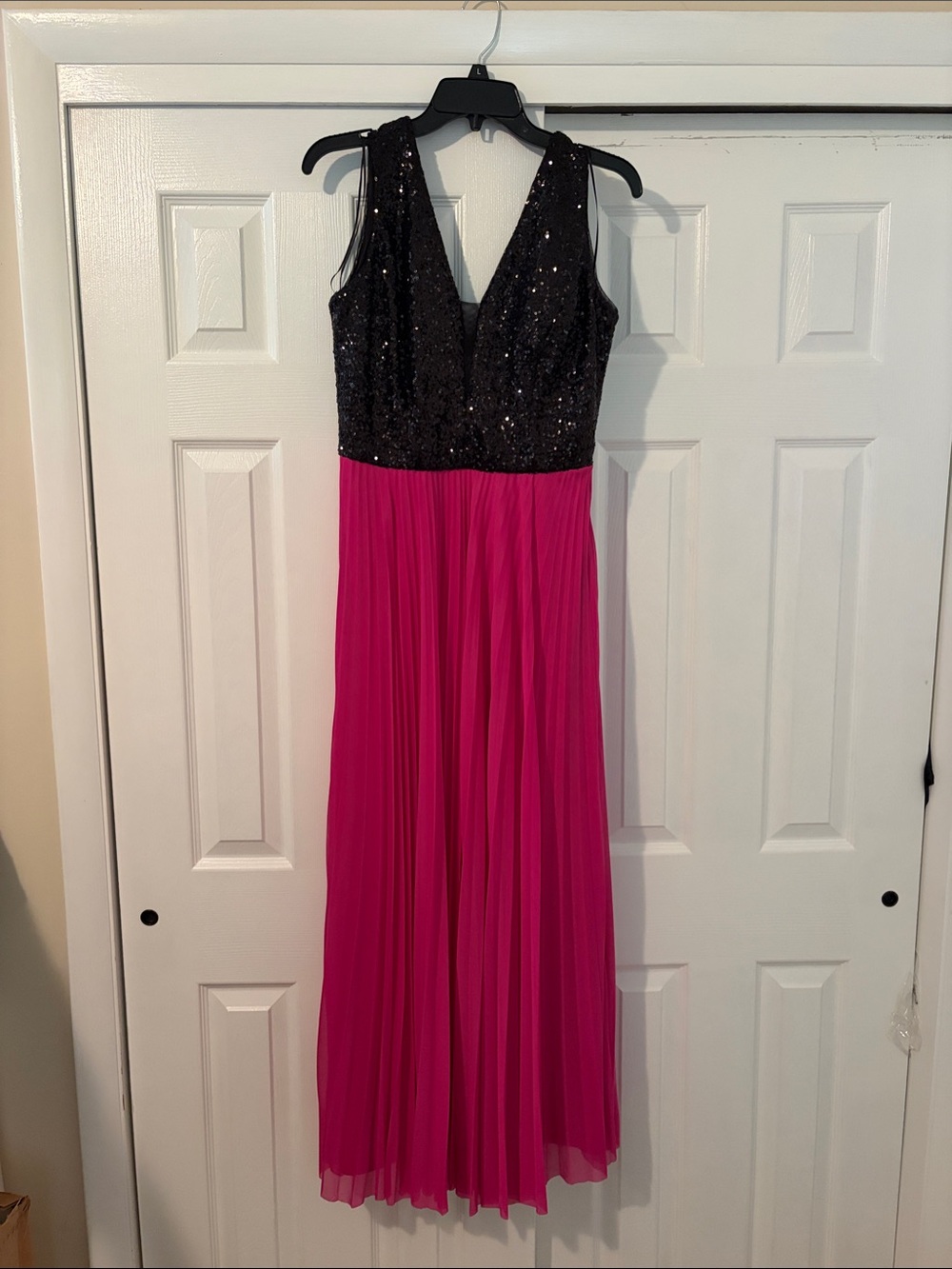 Nicole Miller Black Sequin Bodice Fuchsia Maxi Dress